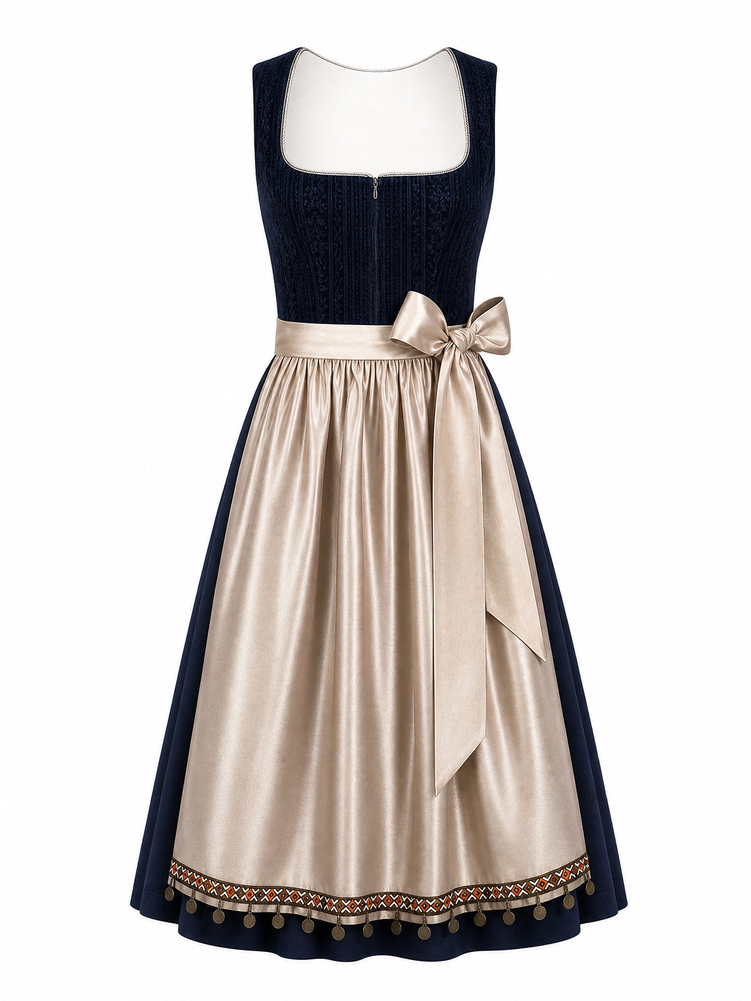 Dirndl Greta in Mitternachtsblau mit Champagner Schürze - Vorderansicht