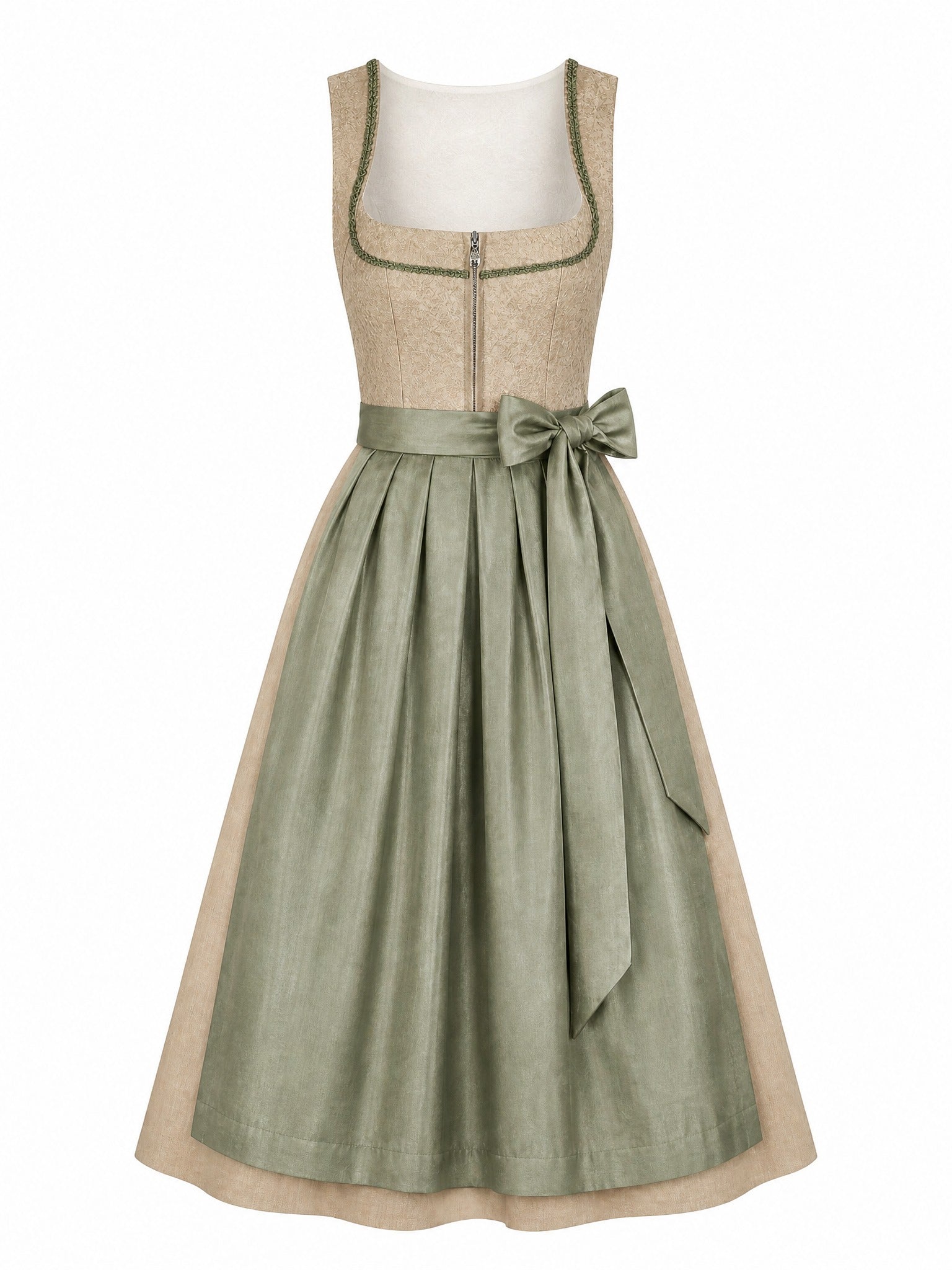 Dirndl Lena in Tonbeige mit Eukalyptusgrün Schürze - Vorderansicht