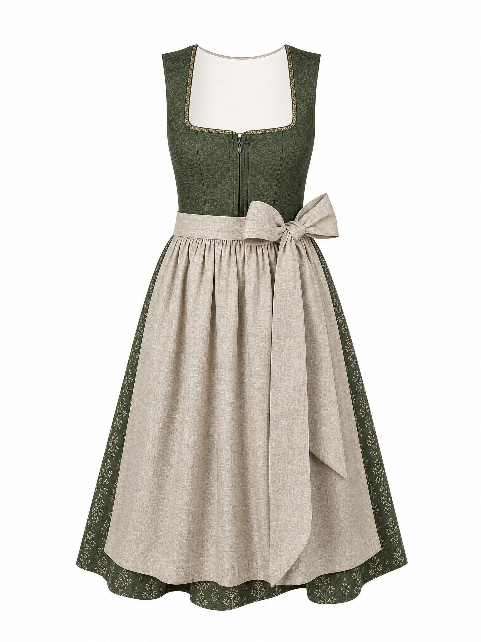 Dirndl Anna in Waldgrün mit Haferbeige Schürze - Vorderansicht