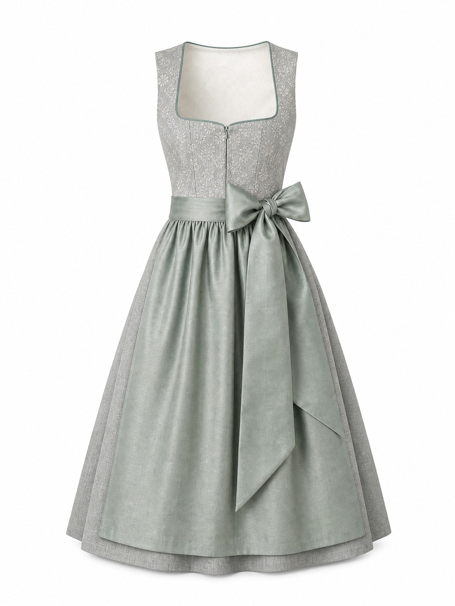 Dirndl Rosalie in Flechtengrau mit Salbeigrün Schürze - Vorderansicht