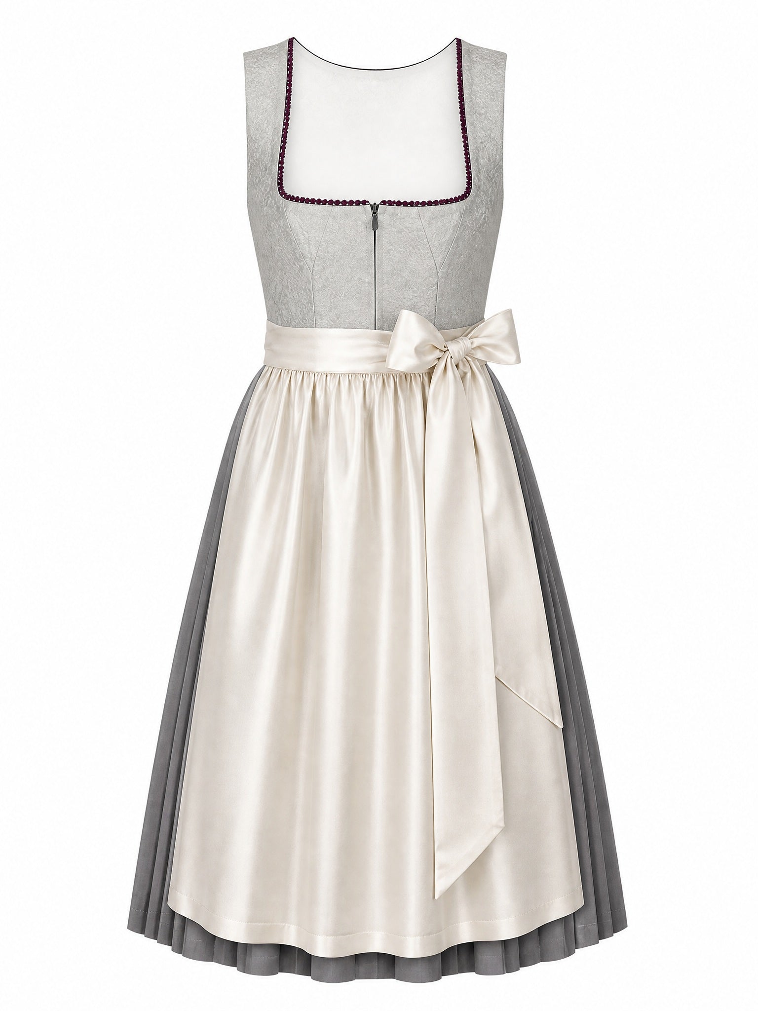 Dirndl Helena in Perlgrau mit Elfenbein Schürze - Vorderansicht