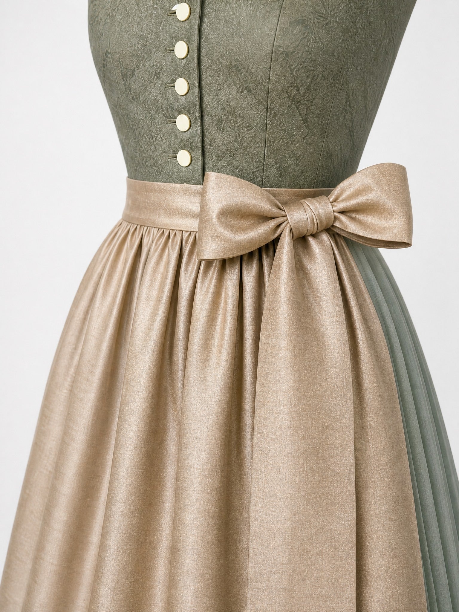 Dirndl Greta in Moosgrün mit Warmer Sand Schürze - Detailansicht Taille und Schleife