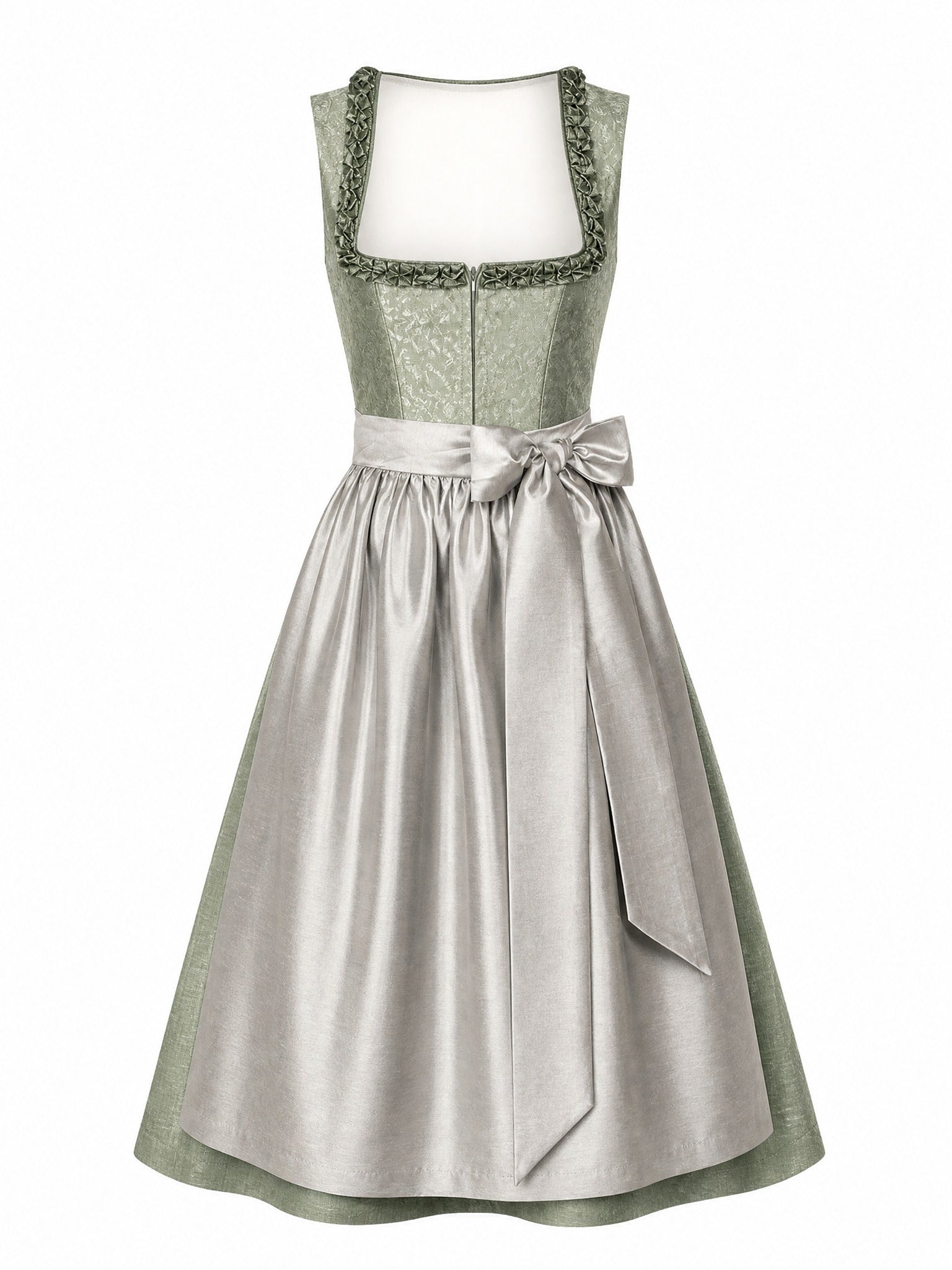 Dirndl Stella in Salbeigrün mit Perlgrau Schürze - Vorderansicht