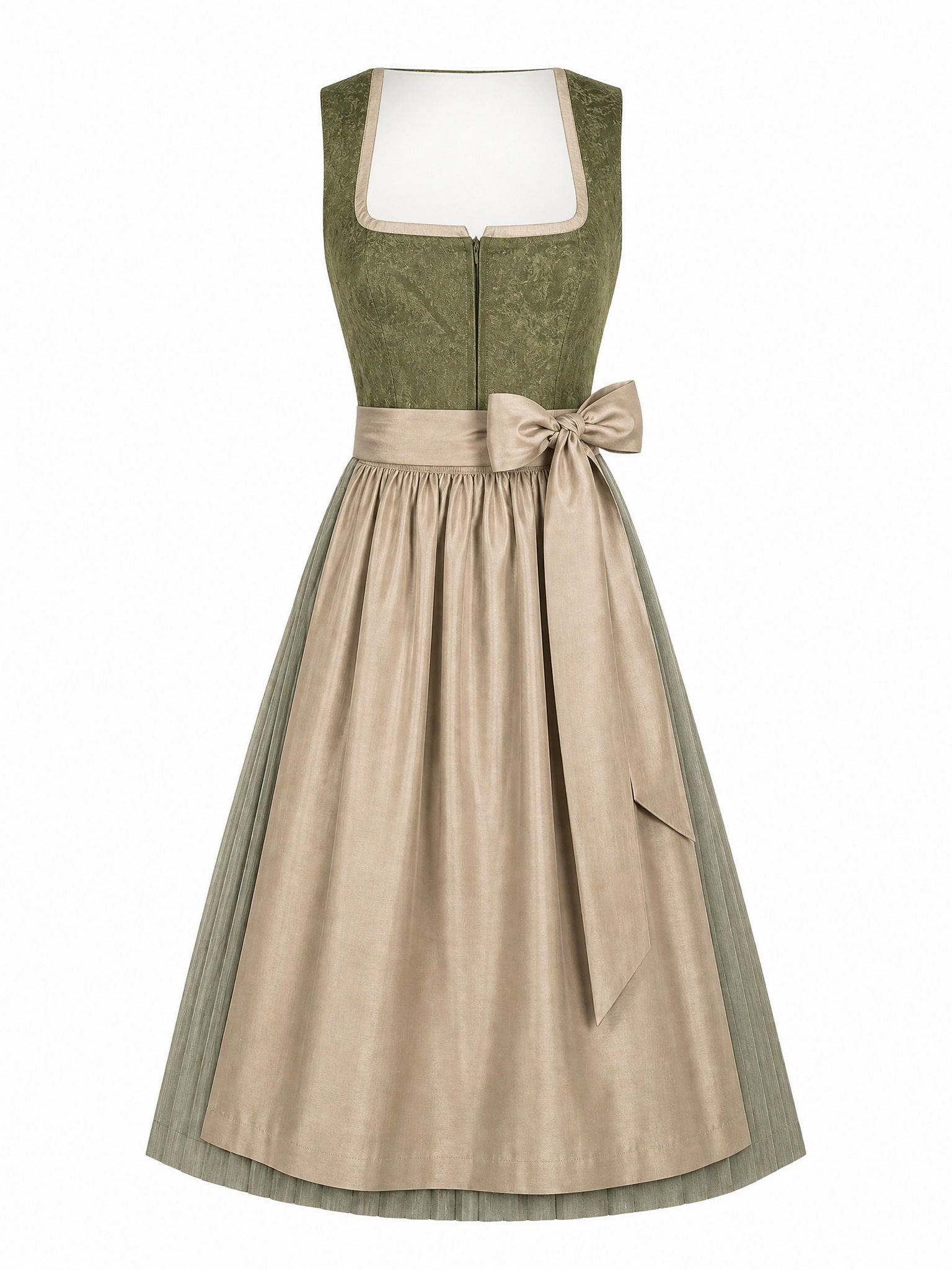 Dirndl Isabel in Moosgrün mit Warmer Sand Schürze - Vorderansicht