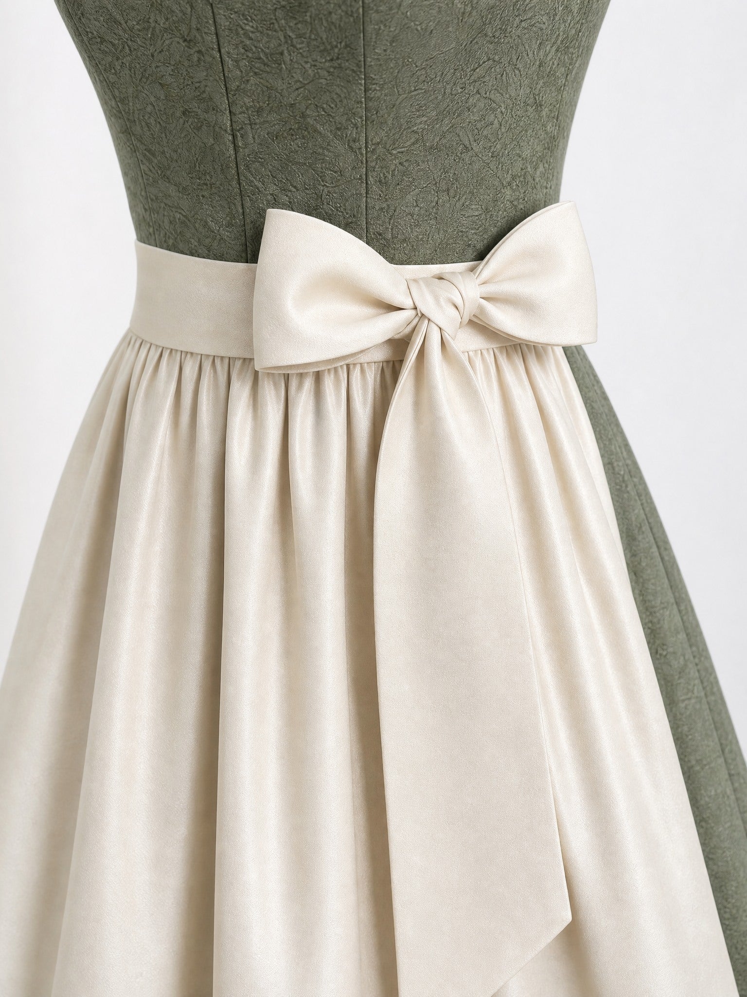 Dirndl Marlene in Mineralgrün mit Elfenbein Schürze - Detailansicht Taille und Schleife