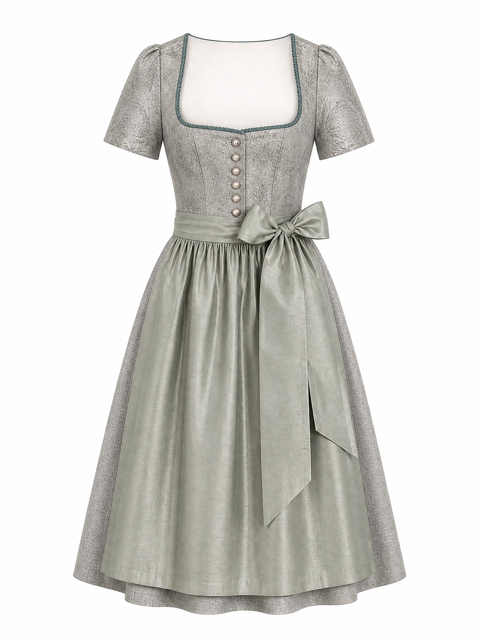 Dirndl Elena in Flechtengrau mit Salbeigrün Schürze - Vorderansicht